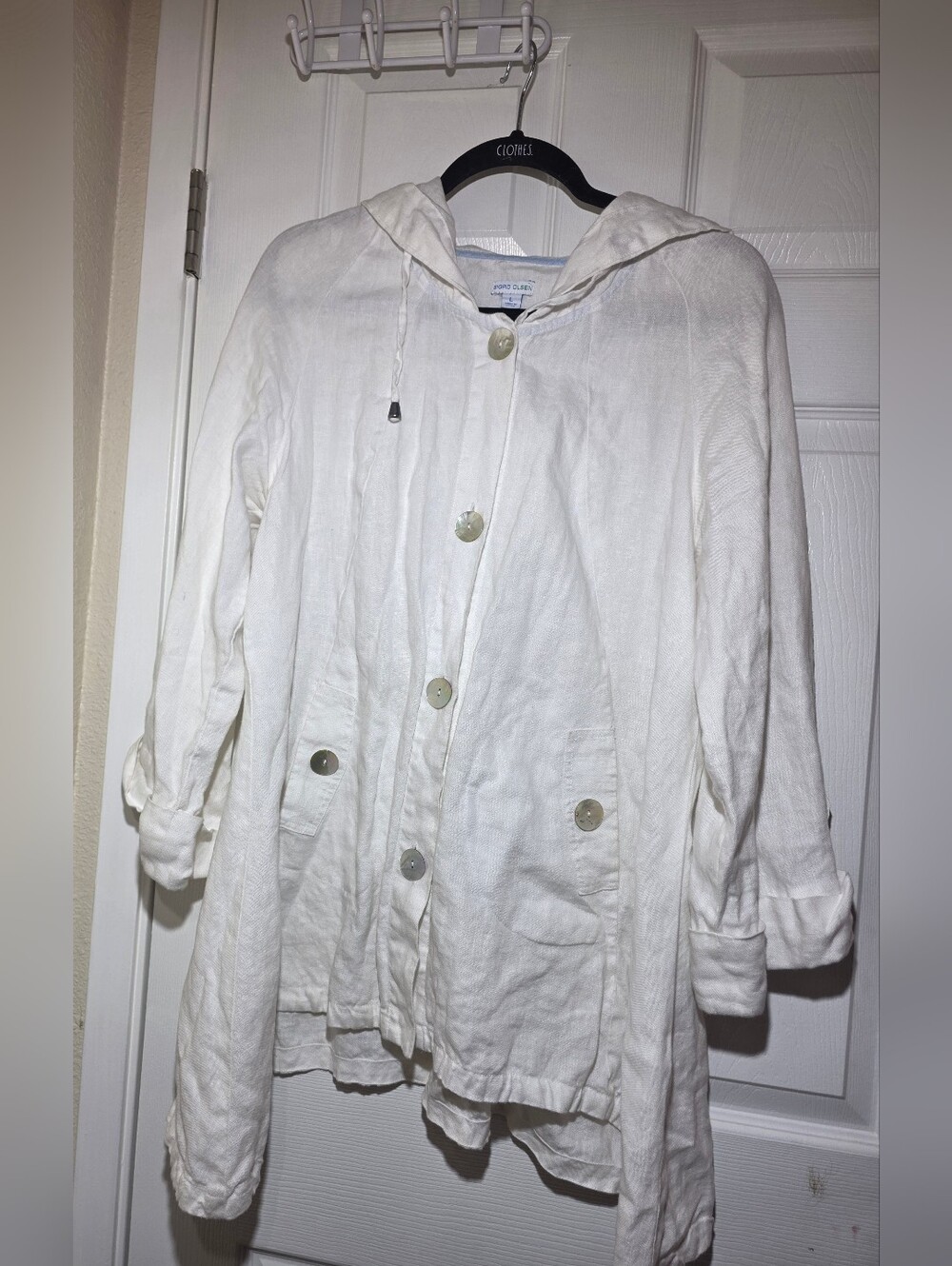 Sigrid Olsen White 100% Linen Hooded Jacket Button Front Women's Large